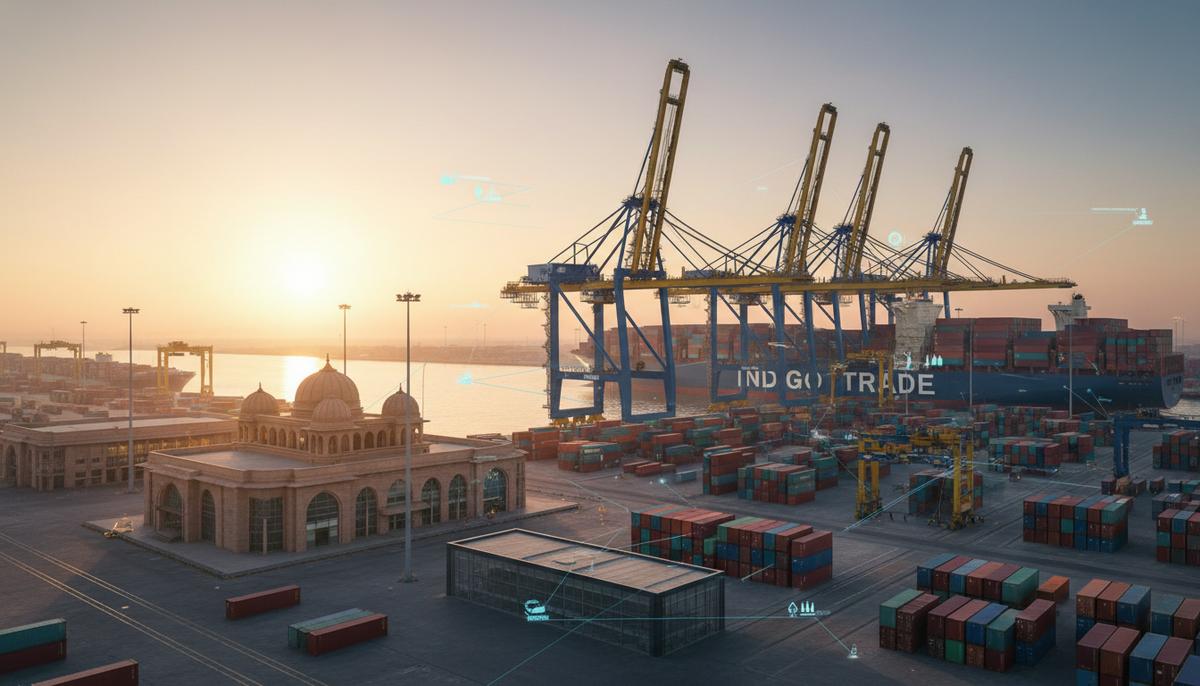 Современный портовый терминал на рассвете: портовые краны загружают контейнеры на большое грузовое судно у причала.