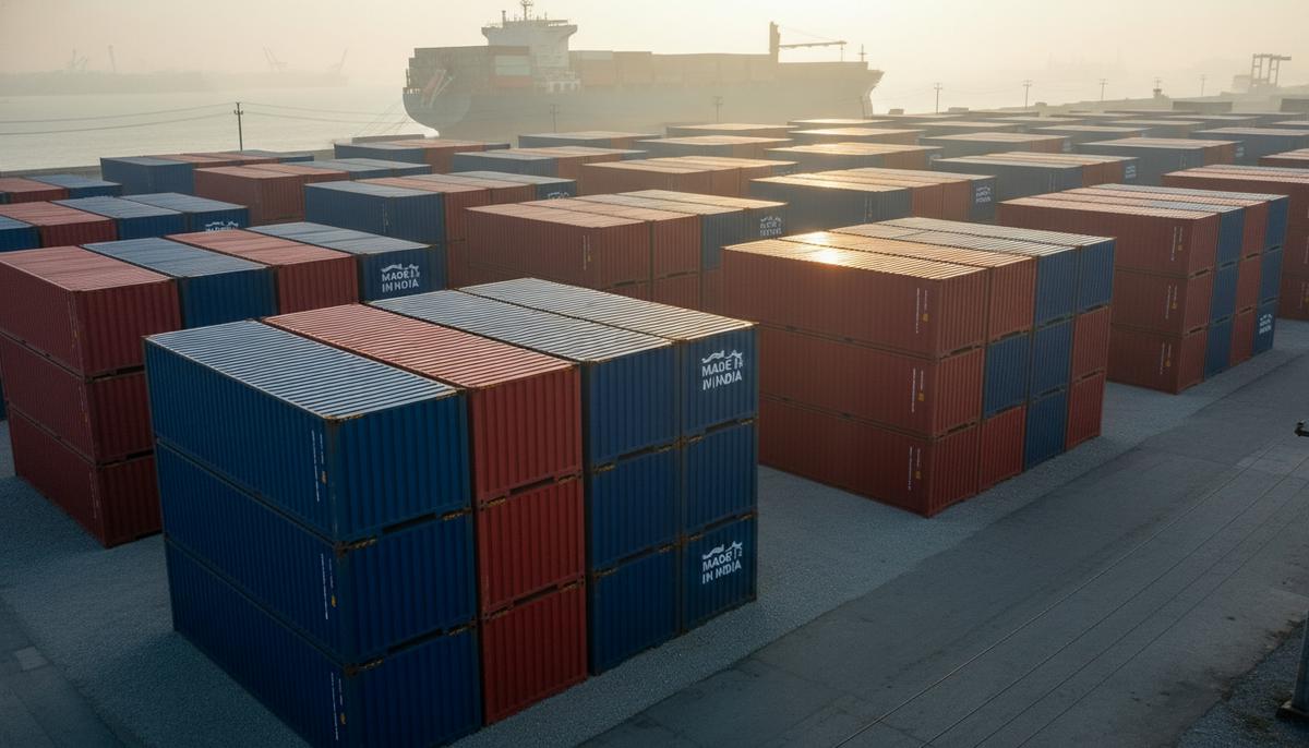 Индия бросает вызов Китаю: новый план по производству контейнеров Ряды новых морских контейнеров в промышленном порту Индии на фоне грузового судна на рассвете.
