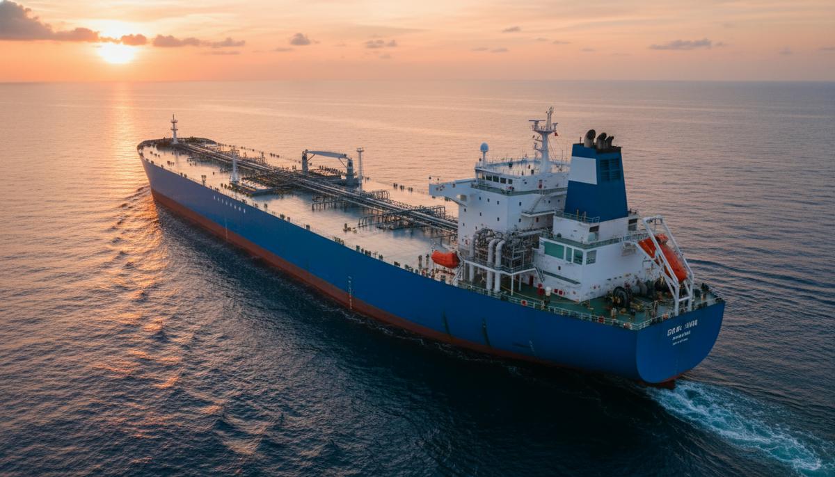 Frontline бьет рекорды: фрахт супертанкеров взлетел до 138 000 долларов в день Современный супертанкер класса VLCC с системой очистки выхлопных газов (скруббером) в открытом море на закате. Вид с воздуха.