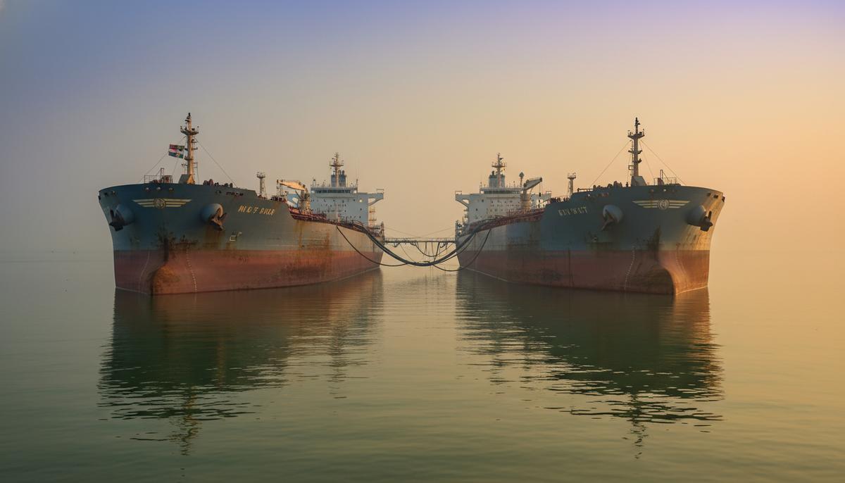 Борьба с теневым флотом: Малайзия задержала танкеры с иранской нефтью Два больших нефтяных танкера стоят на якоре в открытом море близко друг к другу, соединенные шлангами для перекачки груза.