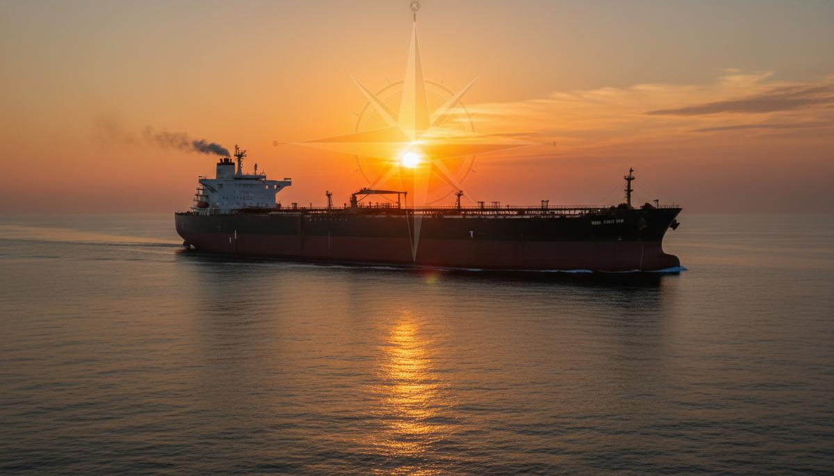 Торговый пакт США и Индии: новый курс для нефтяных танкеров Огромный нефтеналивной танкер типа VLCC в открытом океане на рассвете, идущий по спокойной воде.