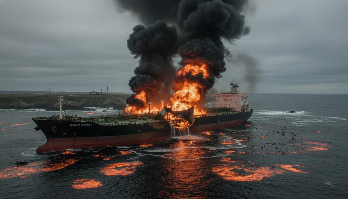 Трагедия у Хамбера: российский капитан осужден за гибель моряка Столкновение контейнеровоза и танкера в море. Танкер горит, из огромной пробоины в борту валит густой черный дым.