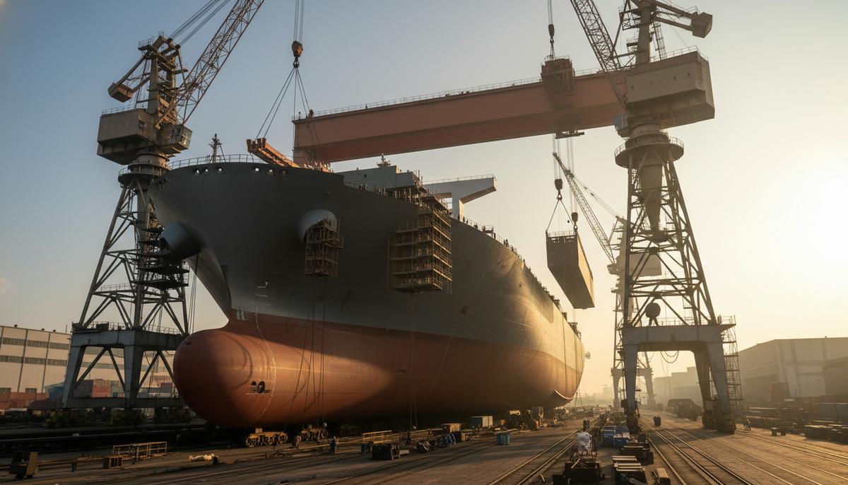 Bruton наращивает флот: в планах до 10 супертанкеров из Китая Огромный нефтяной супертанкер (VLCC) на этапе строительства на современной верфи, окруженный портовыми кранами и лесами.