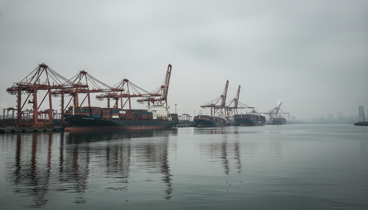 Несколько крупных контейнеровозов стоят у причала в порту, портовые краны неподвижны на фоне пасмурного неба.