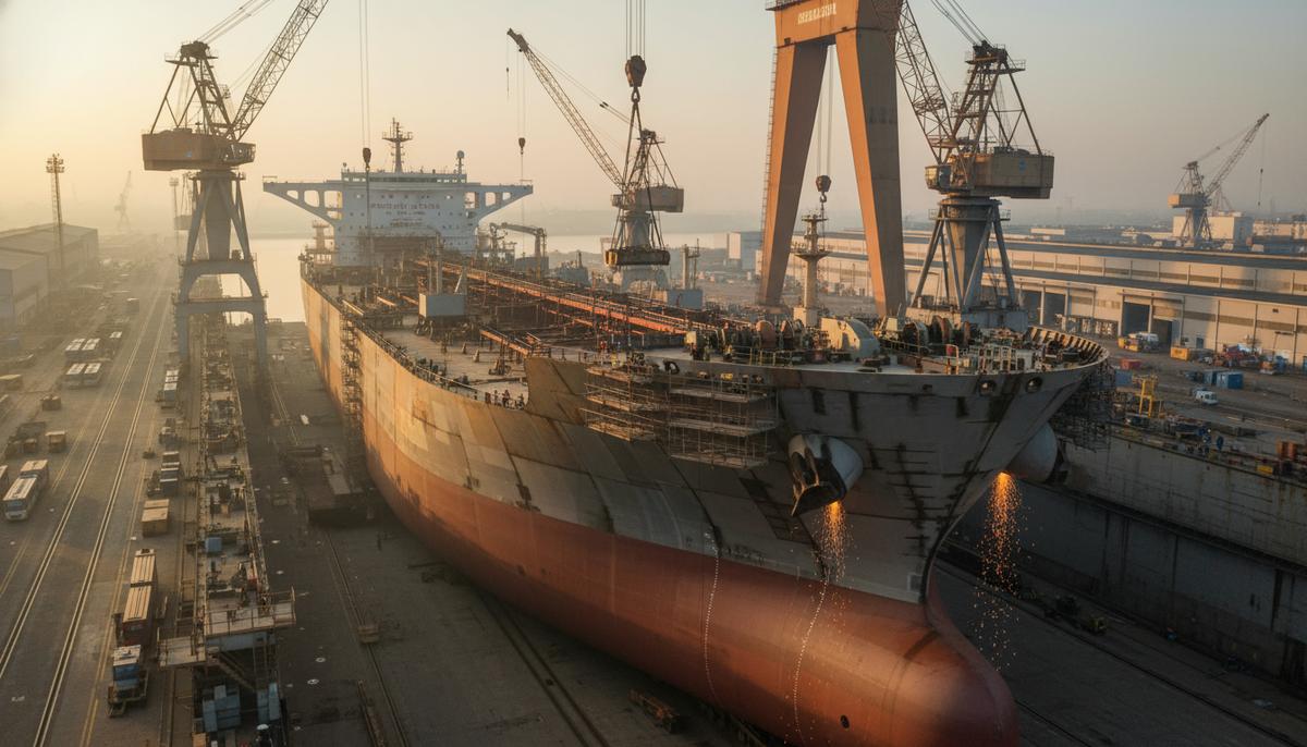 Огромный нефтяной танкер-суэцмакс в процессе постройки в сухом доке судостроительной верфи в окружении строительных лесов и кранов.