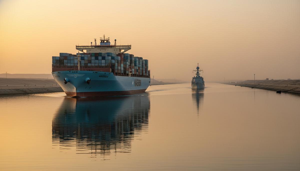 Большой контейнеровоз Maersk проходит по Суэцкому каналу на рассвете в сопровождении военного корабля.