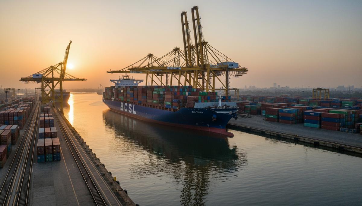 Индия создает национального контейнерного перевозчика для усиления торговли Современный контейнеровоз с логотипом BCSL стоит в индийском порту на рассвете, окруженный портовыми кранами и штабелями контейнеров.