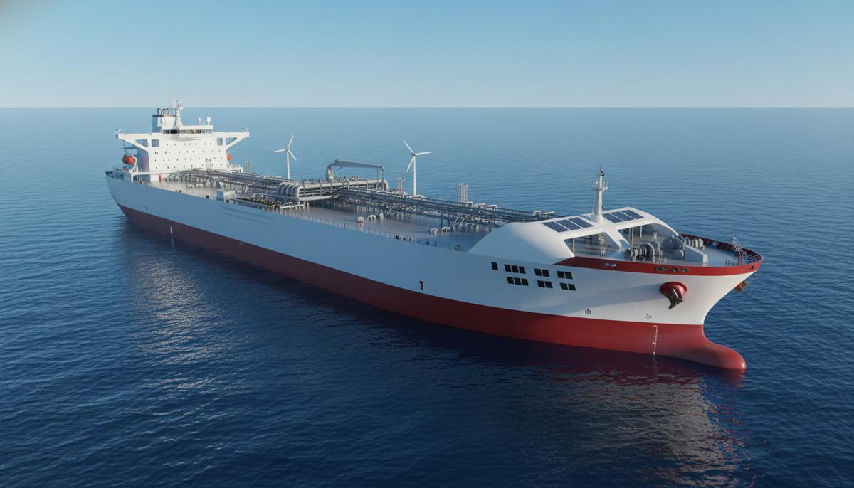 Современный танкер-химовоз в открытом море. Бело-красный корпус судна, палуба со сложной системой трубопроводов на фоне ясного неба.