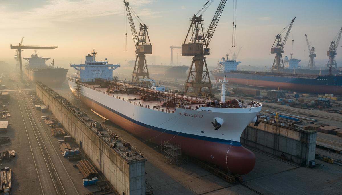 Греческий судовладелец заказал в Китае 10 танкеров на полмиллиарда долларов Новый танкер-продуктовоз типа MR в сухом доке на крупной судостроительной верфи в Гуанчжоу на фоне портовых кранов.