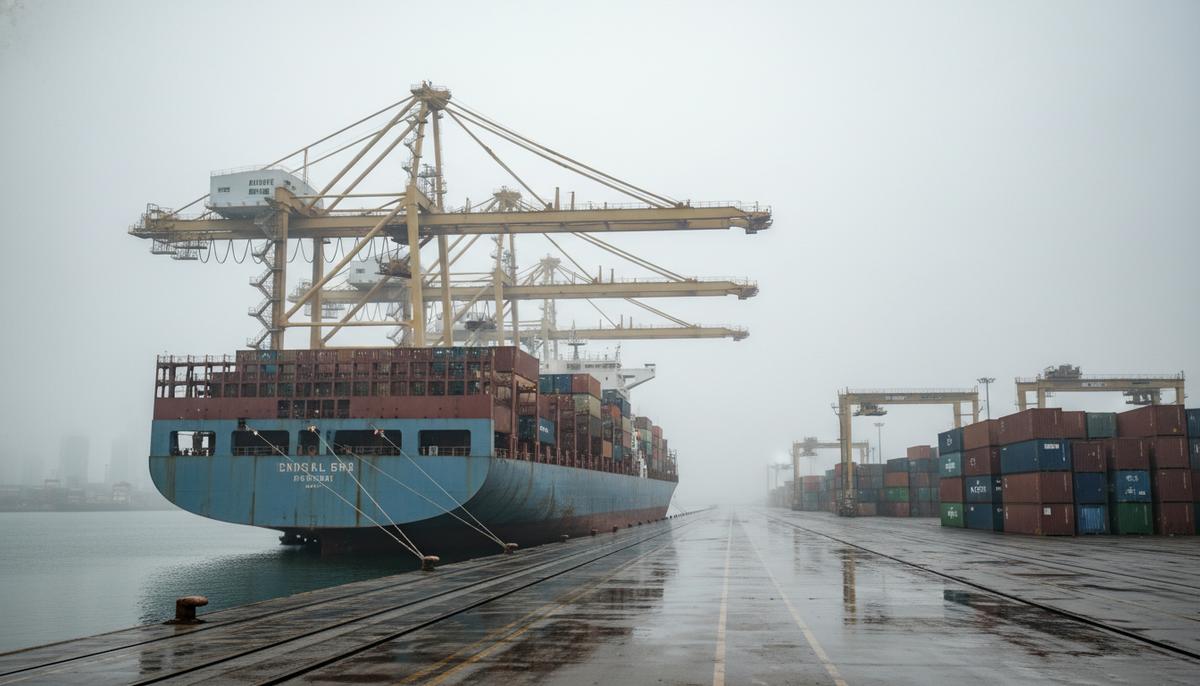 Кризис перевозок: Maersk и ONE ушли в минус, грядут сокращения Контейнеровоз стоит у причала в порту в туманную погоду, портовые краны и штабели контейнеров на фоне.