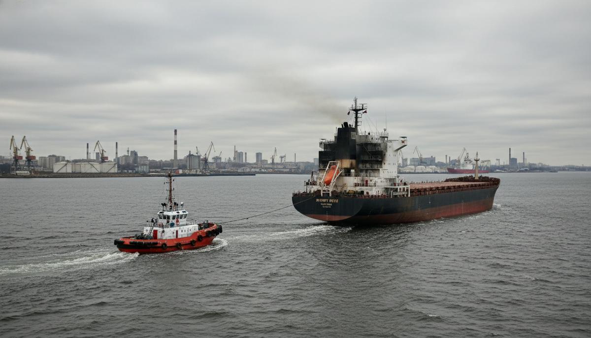 Пожар на контейнеровозе MSC: судно отбуксировано в Санкт-Петербург Крупный контейнеровоз со следами пожара на надстройке буксируется спасательным судном по морю на фоне портового города.