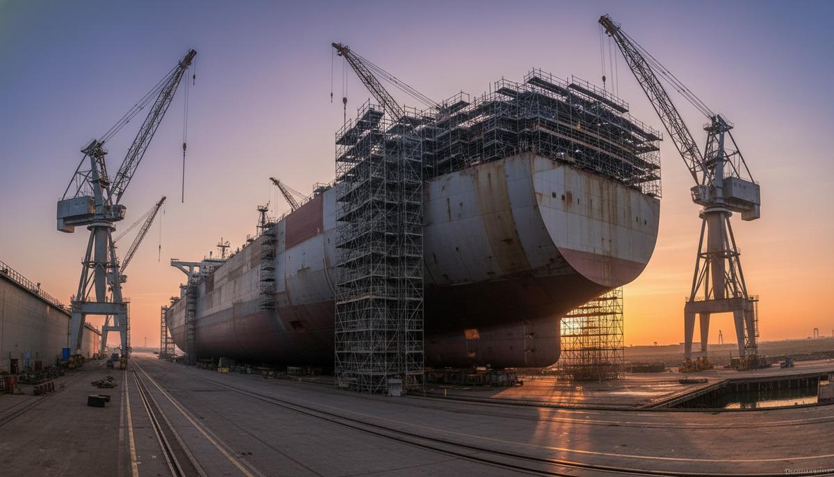 Огромный корпус супертанкера на стапеле судостроительного завода в сухом доке, окруженный портовыми кранами на рассвете.