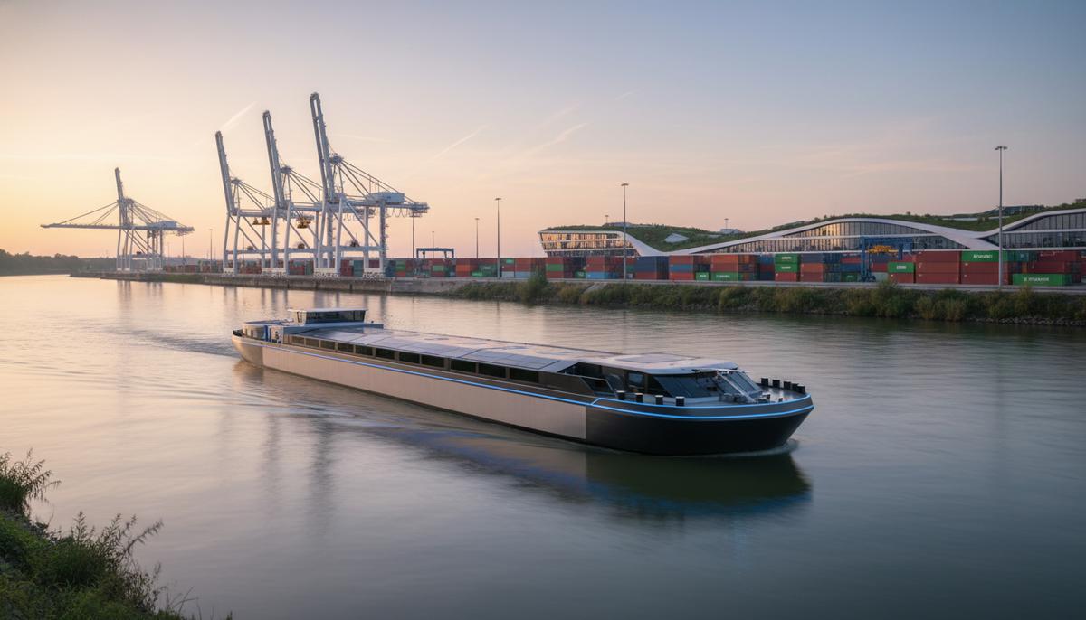 Современная электрическая контейнерная баржа на реке Рона на фоне грузового портового терминала с кранами и контейнерами.