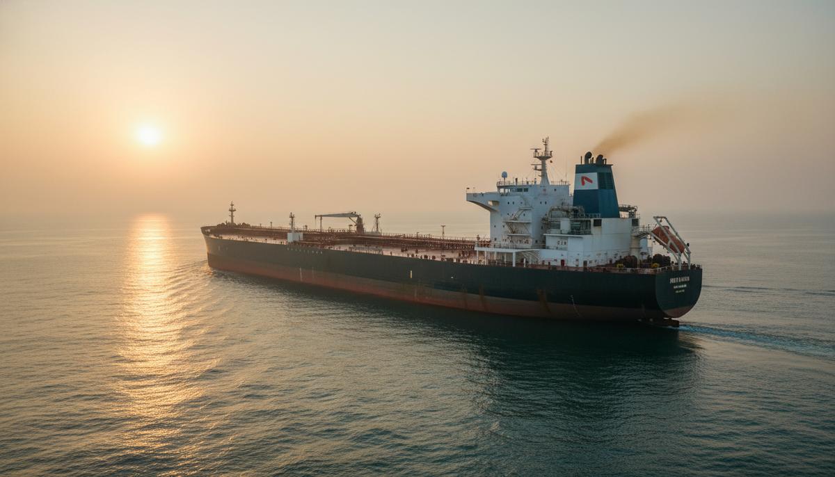 Огромный нефтяной супертанкер VLCC со скруббером на трубе в Аравийском море у побережья Индии на рассвете.