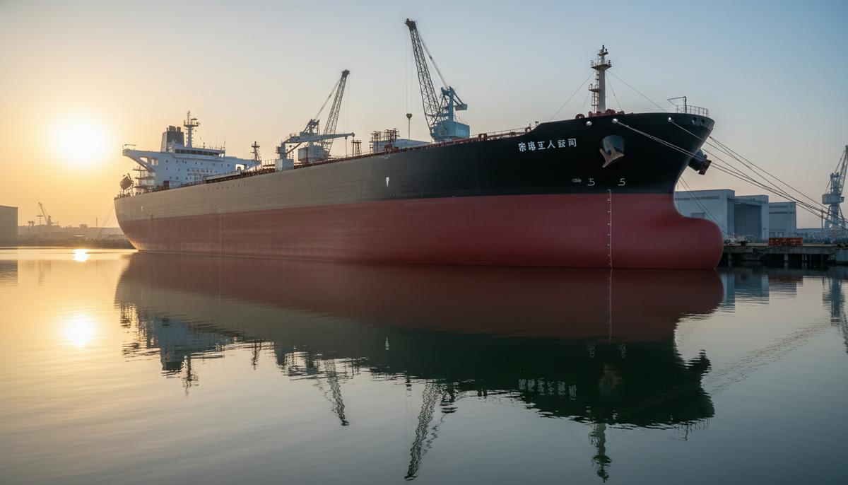 Новый крупнотоннажный нефтяной танкер типа Suezmax у причала современного судостроительного завода на рассвете.