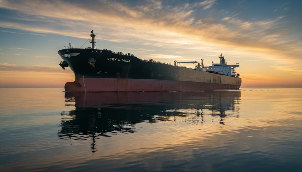 Огромный нефтяной супертанкер класса VLCC в открытом море на рассвете.