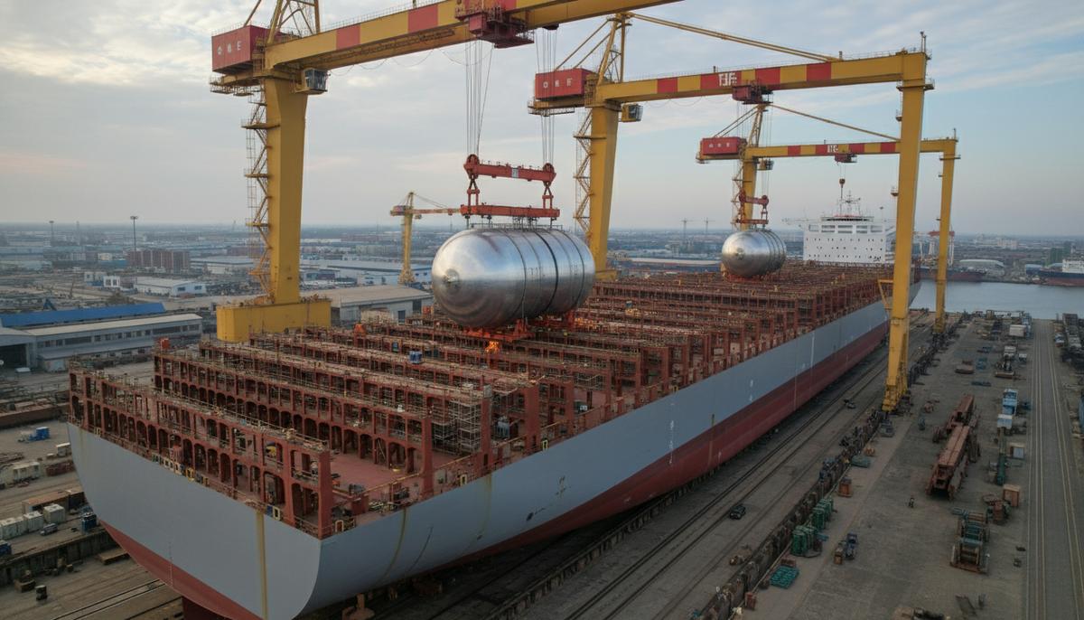 Maersk обновляет флот: новый заказ на восемь судов в Китае Гигантский контейнеровоз с СПГ-баком на стадии строительства в сухом доке судоверфи в окружении больших кранов.