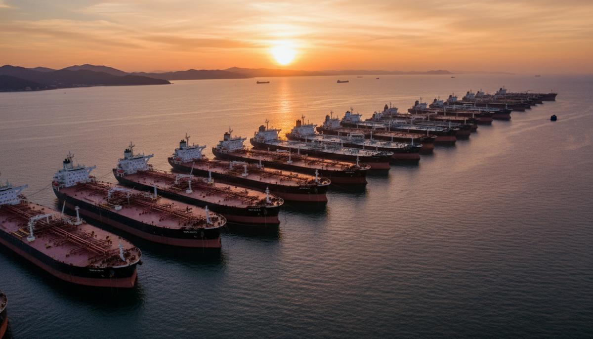 Корейская Sinokor становится крупнейшим оператором супертанкеров в мире Несколько огромных нефтяных супертанкеров стоят на якоре в спокойном заливе на закате. Вид с воздуха.