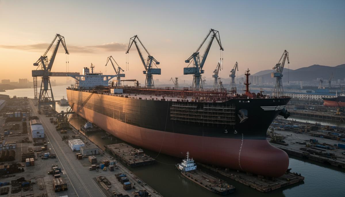 Новый нефтяной танкер-суэцмакс в доке современной судостроительной верфи, окруженный массивными кранами и лесами.