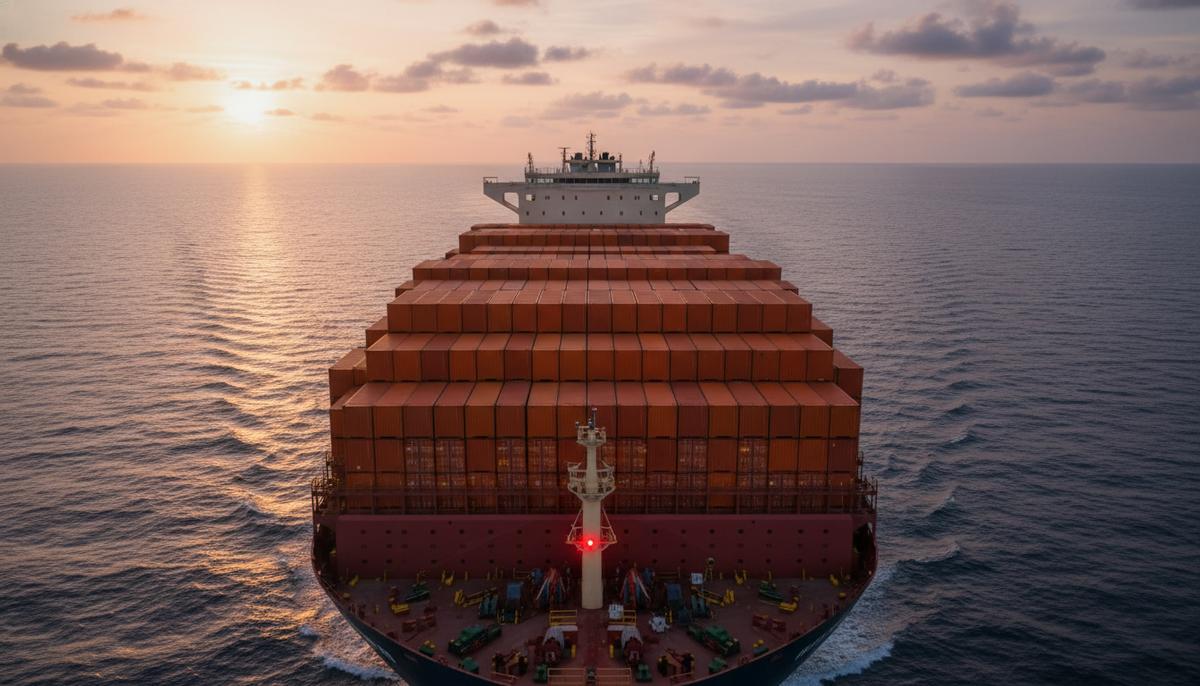 Огромный контейнеровоз с оранжевыми контейнерами Hapag-Lloyd плывет по морю на рассвете.