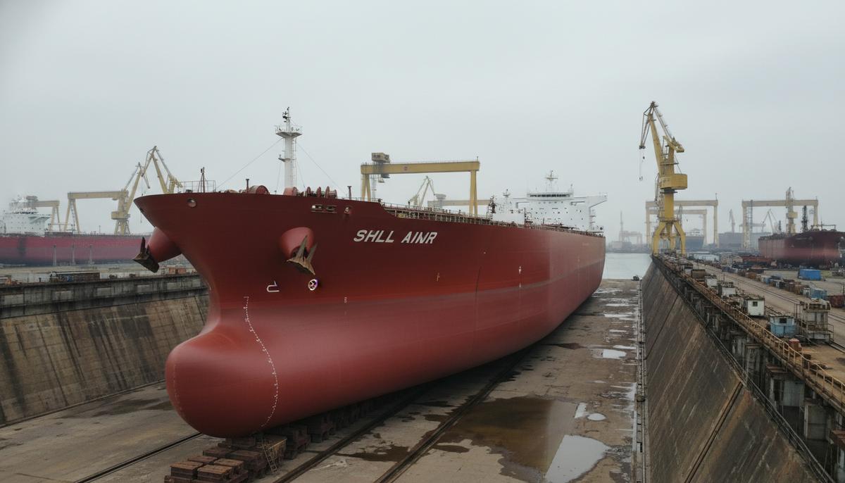 Огромный новый нефтяной супертанкер класса VLCC в сухом доке на современной китайской судостроительной верфи в окружении портовых кранов.