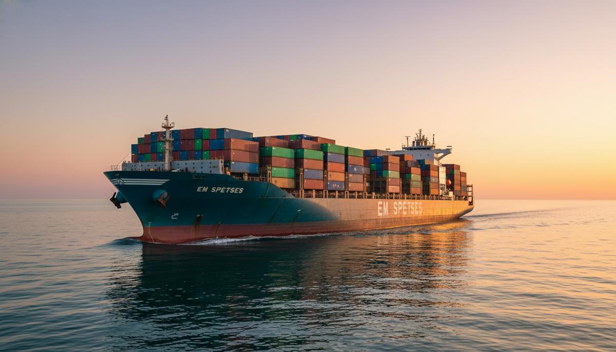 Euroseas продлила чартер контейнеровоза EM Spetses по повышенной ставке Фидерный контейнеровоз EM Spetses, груженый разноцветными контейнерами, идет по спокойному морю в лучах заходящего солнца.