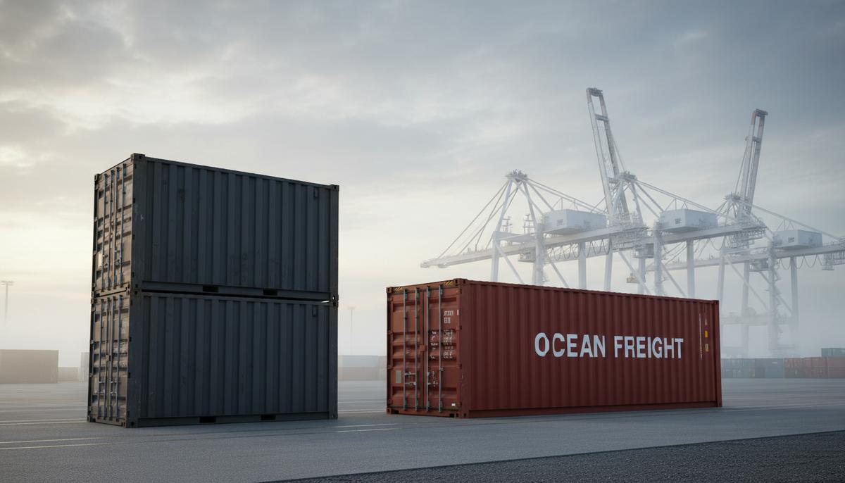 Складные контейнеры GenFlat: Arkas Line проведет морские испытания Стопка из четырех сложенных серых морских контейнеров рядом с одним стандартным красным контейнером в портовом терминале на фоне кранов.