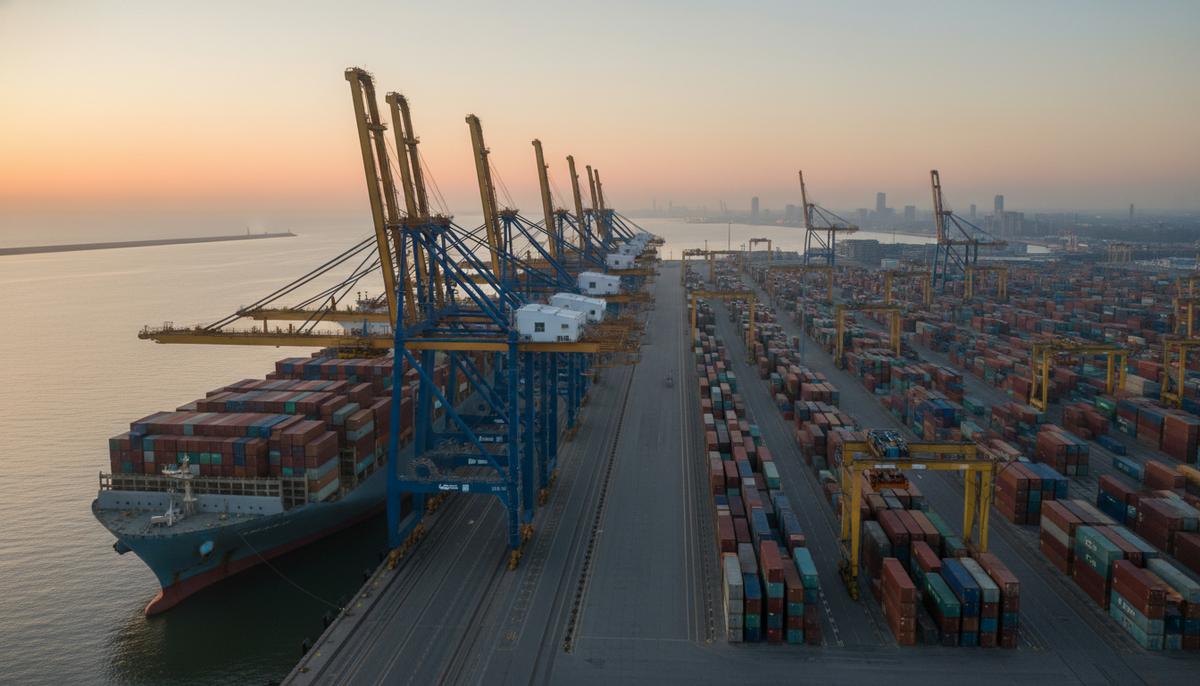 Крупный контейнерный терминал в порту Бремерхафен на рассвете. Портовые краны у причала разгружают большой контейнеровоз.