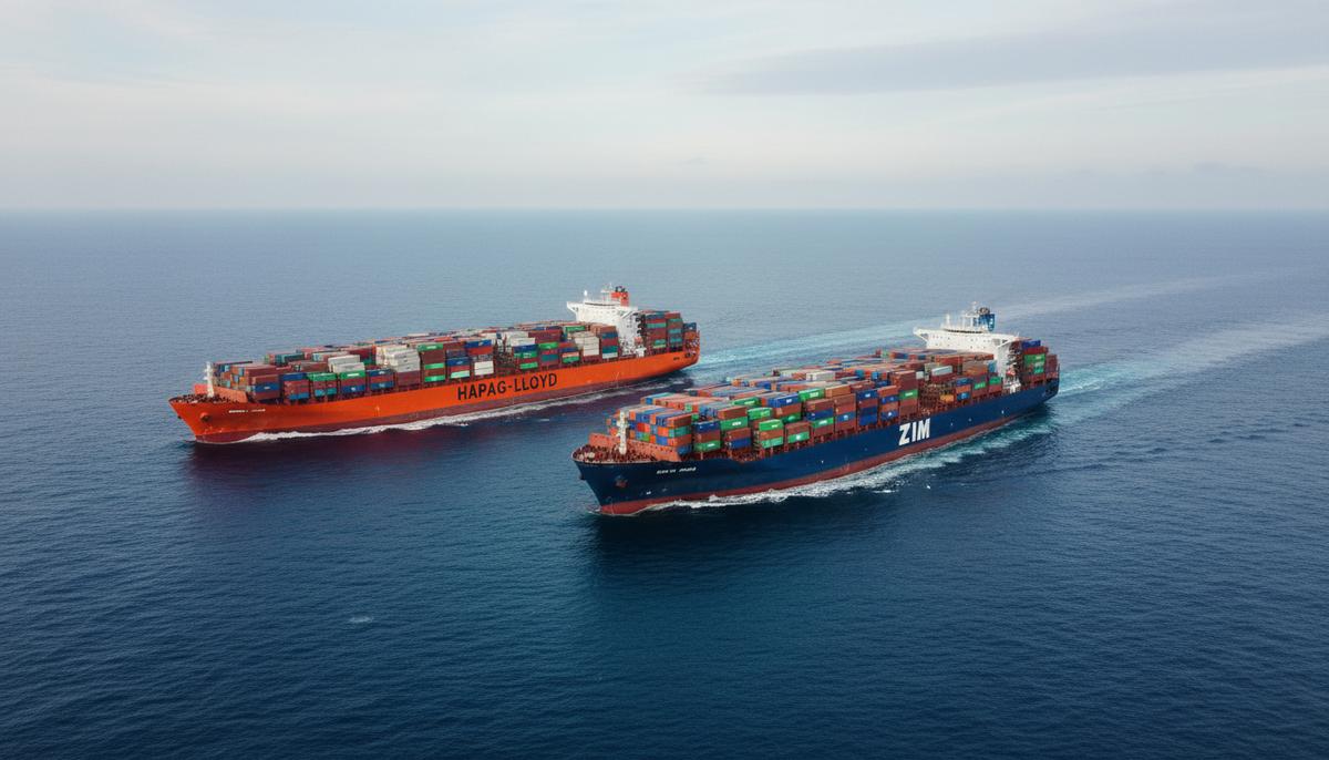 Два больших контейнеровоза, Hapag-Lloyd и Zim, плывут рядом друг с другом в открытом море. Вид сверху.