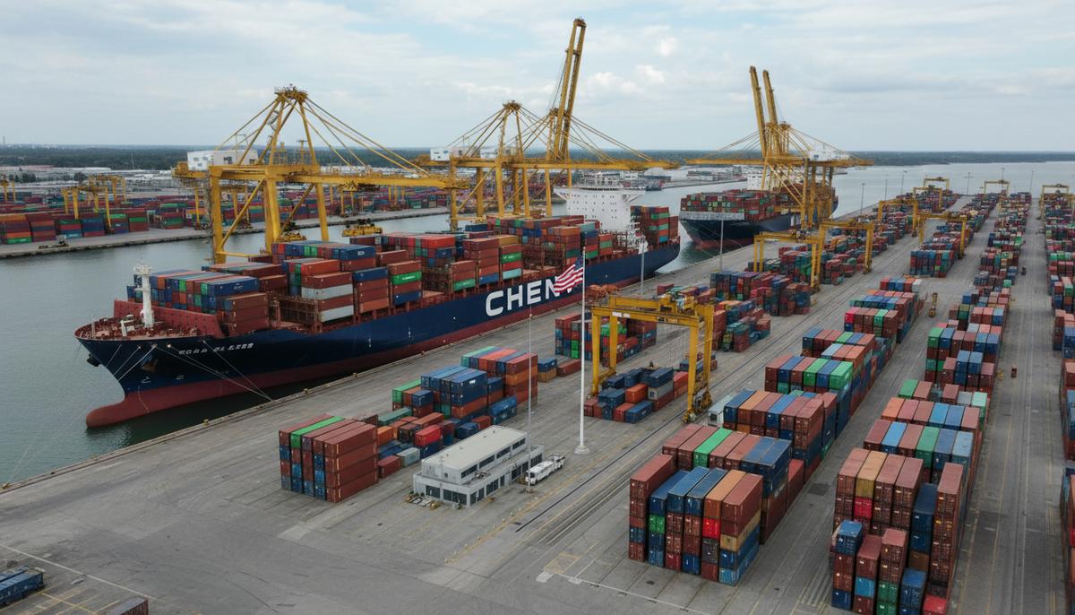 Крупный контейнеровоз у причала в большом морском порту. Портовые краны выгружают контейнеры с судна на берег.