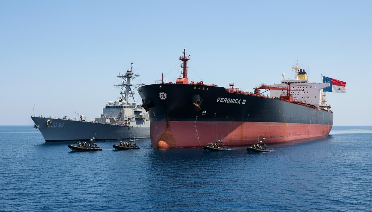 Огромный нефтяной танкер «Veronica III» под флагом Панамы в Индийском океане, окруженный американским военным кораблем и катерами.