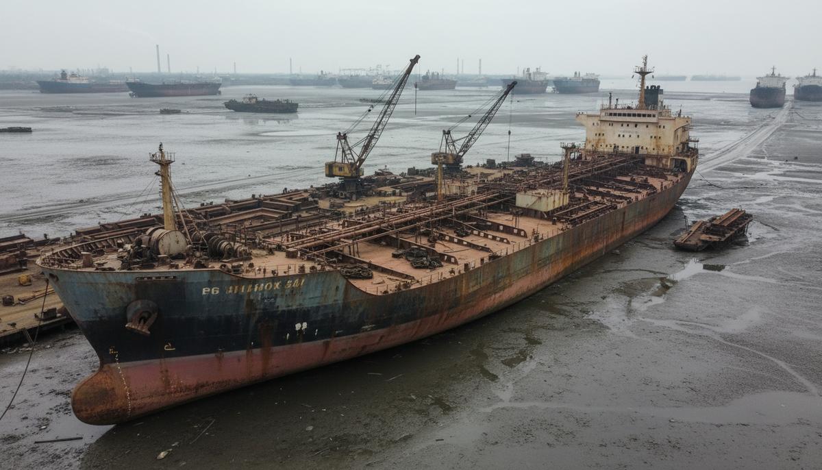 Огромный старый нефтяной танкер, выброшенный на берег для утилизации на судоразделочной верфи в Аланге, Индия.