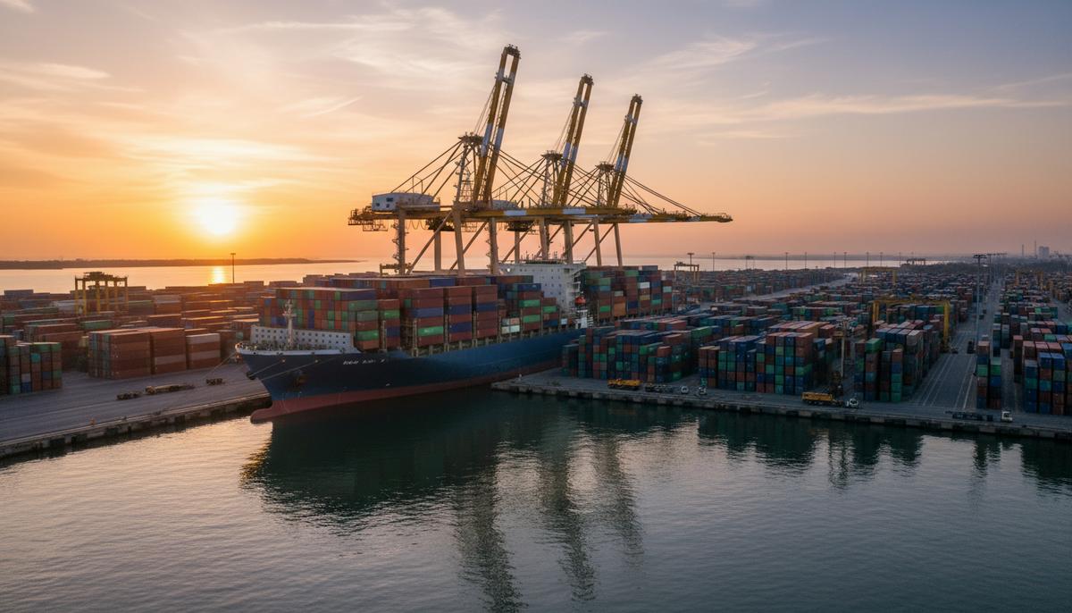 Большой контейнеровоз у причала в современном морском порту на рассвете. На палубе и на берегу видны контейнеры и портовые краны.