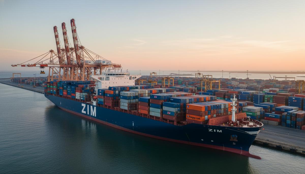 Большой СПГ-контейнеровоз компании ZIM в порту во время погрузки оранжевых контейнеров Hapag-Lloyd и ZIM портовыми кранами на рассвете.