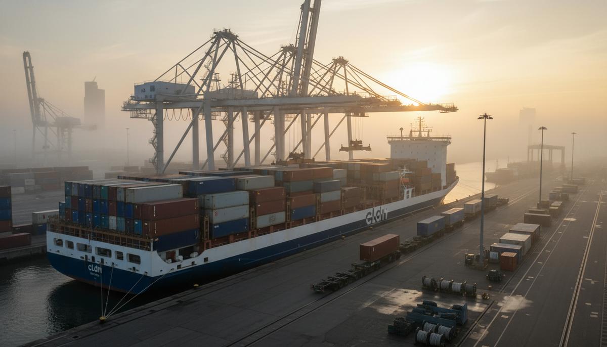 Грузовое судно-ролкер компании CLdN у причала в порту Роттердама. Портовые краны перемещают контейнеры и различные грузовые единицы.