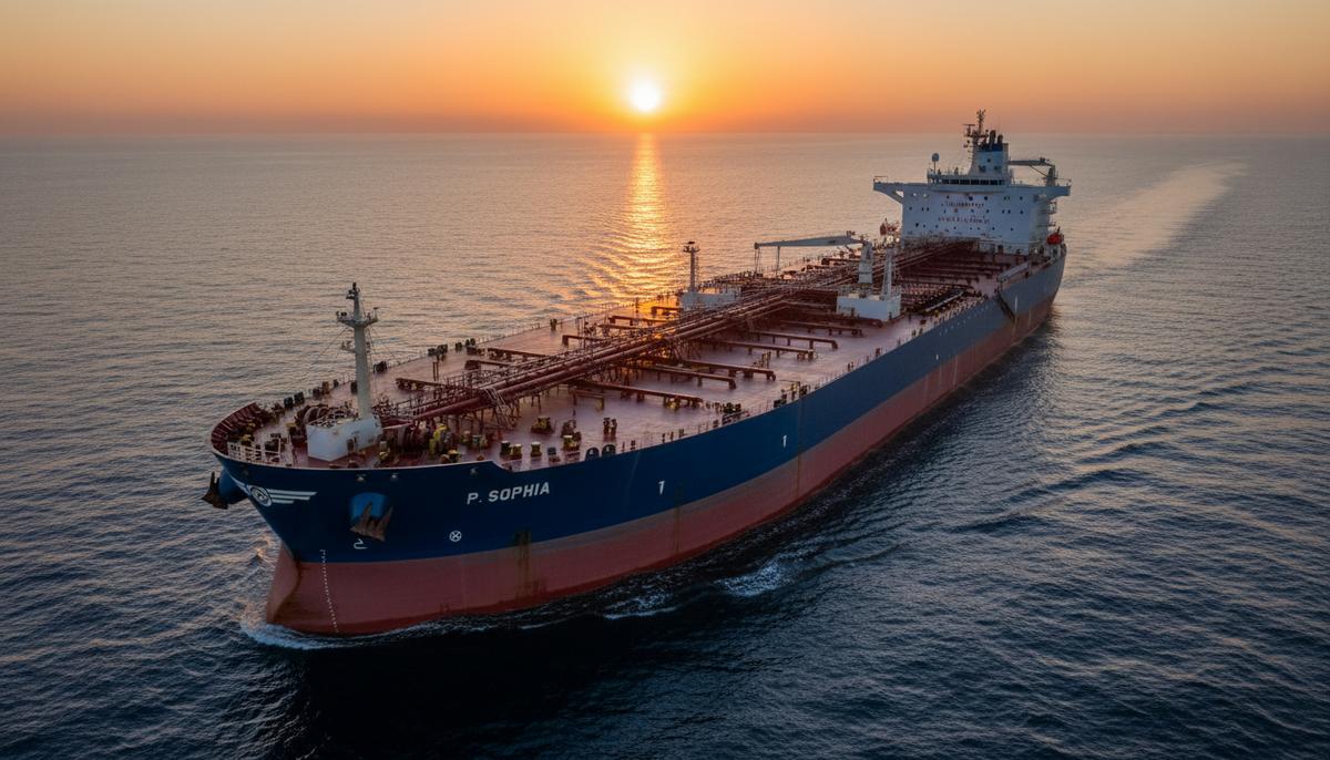 Большой нефтяной танкер-афрамакс «P Sophia» в открытом море на фоне заката. Палуба и надстройки судна освещены теплым светом.