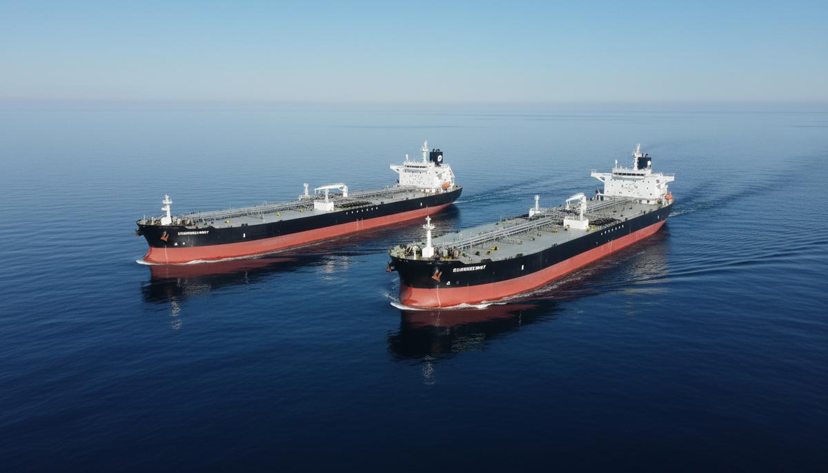 Два больших современных нефтяных танкера-суэцмакса идут бок о бок в открытом море при спокойной погоде. Вид на корабли сверху.