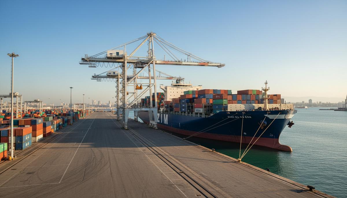 Большой контейнеровоз компании ZIM стоит у причала в порту Хайфы, погрузочные краны неподвижны на фоне безлюдного терминала.