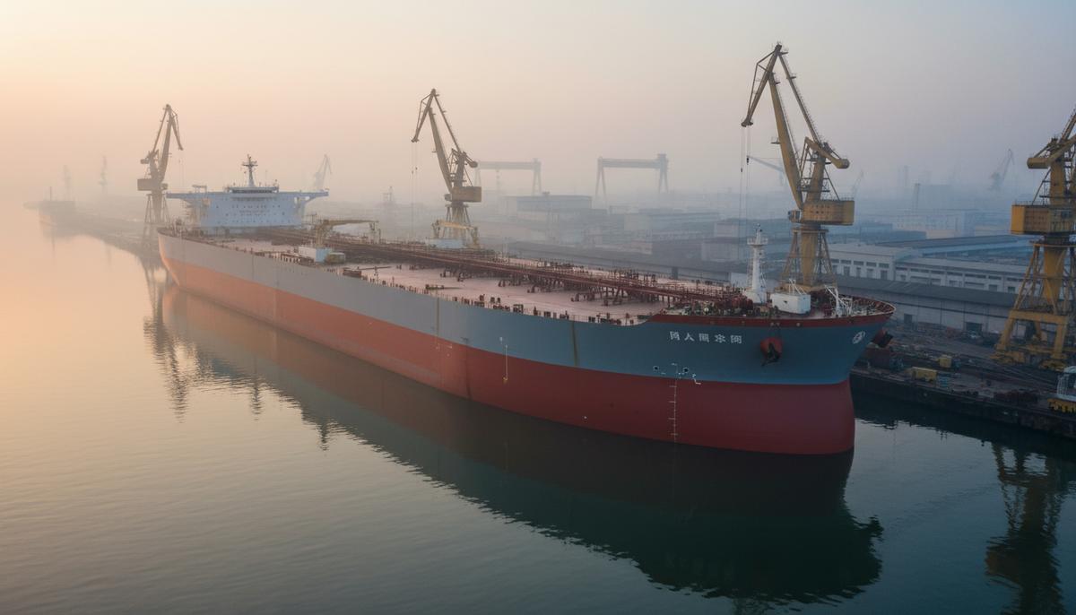 Огромный новый нефтяной супертанкер у причала на верфи в процессе строительства, окруженный строительными лесами и портовыми кранами.