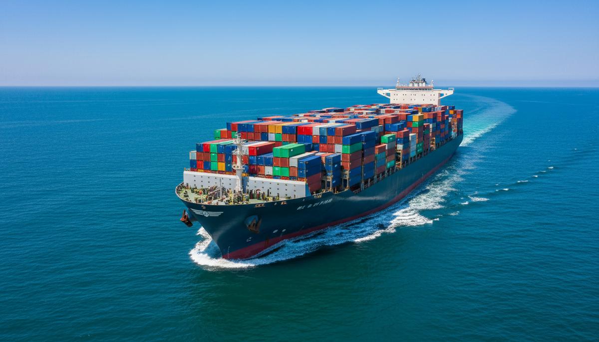 Огромный современный контейнеровоз, груженый контейнерами, плывет по открытому морю в солнечный день. Вид с воздуха.