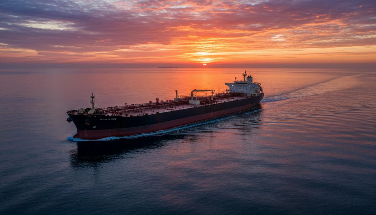 Огромный нефтяной супертанкер класса VLCC в спокойном открытом море на рассвете, отражая лучи восходящего солнца.