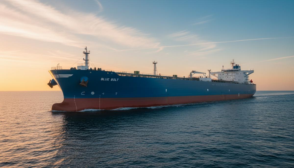 Большой современный нефтяной танкер с белым и синим корпусом в открытом море на закате. Судно движется по спокойной воде.