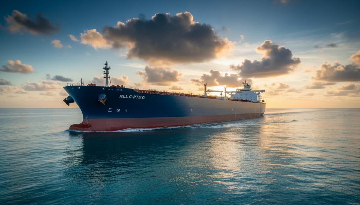 Огромный нефтяной супертанкер VLCC в открытом море при дневном свете.