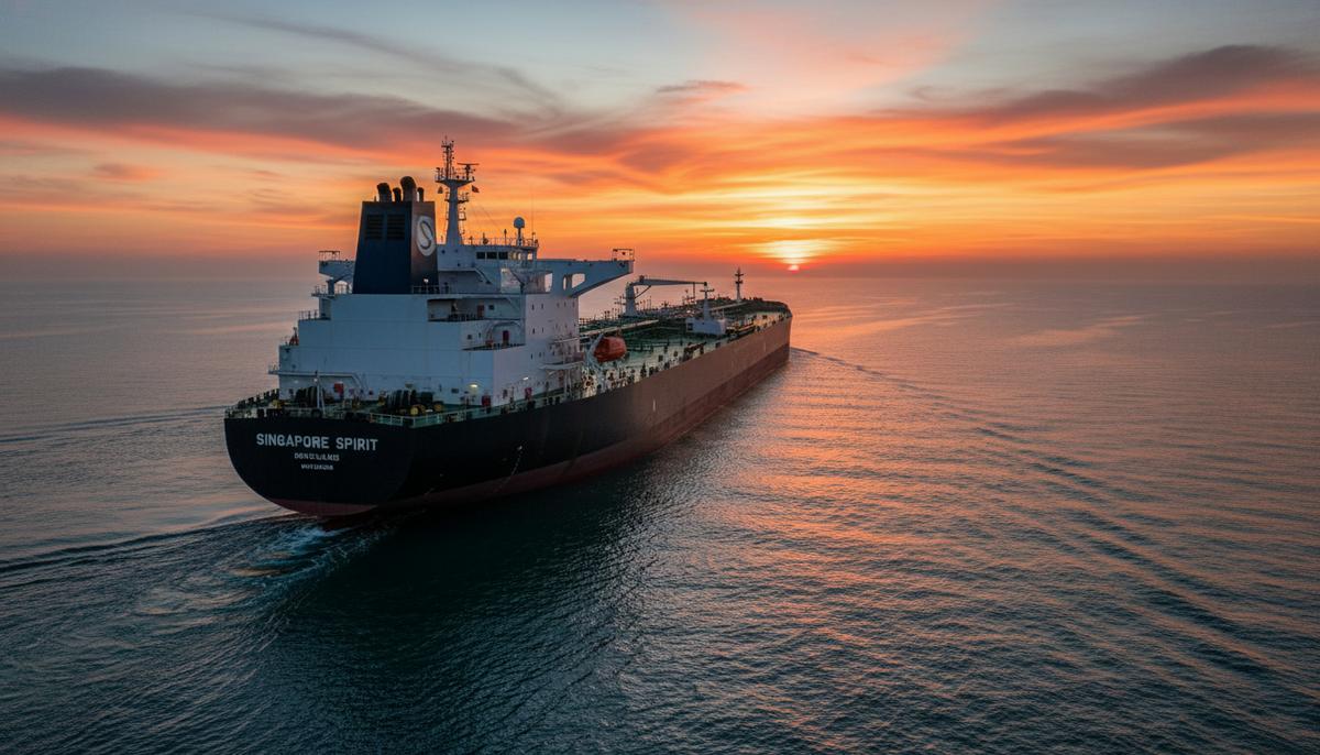 Огромный нефтяной супертанкер класса VLCC уходит в открытое море на фоне восхода солнца, вид с кормы.