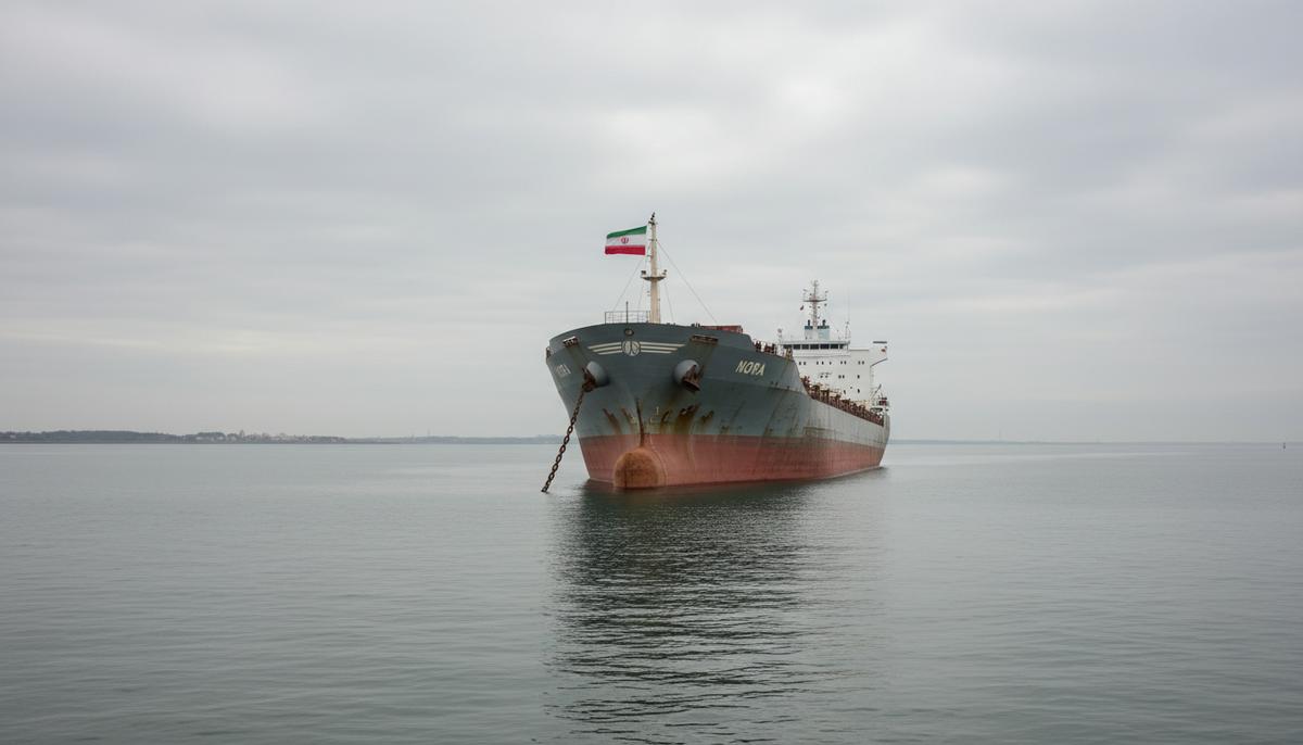 Большой контейнеровоз «Nora» стоит на якоре в спокойных морских водах Дании под пасмурным небом.