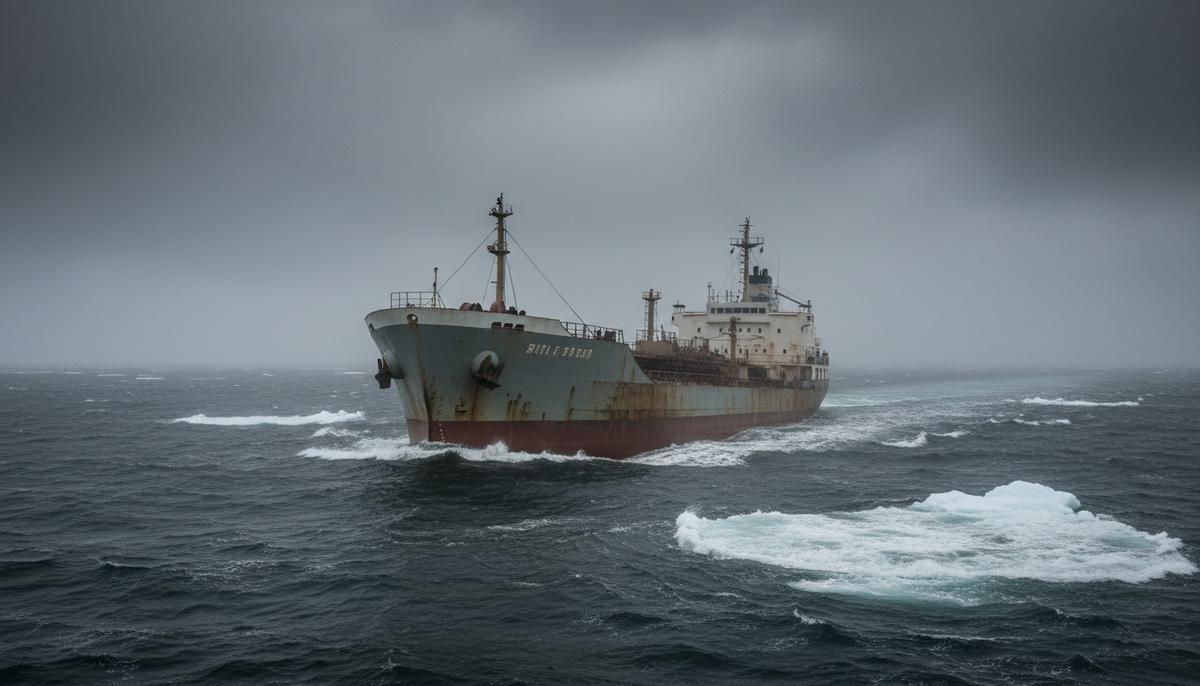 Старый нефтяной танкер идет по неспокойному серому морю среди льдин под хмурым небом.