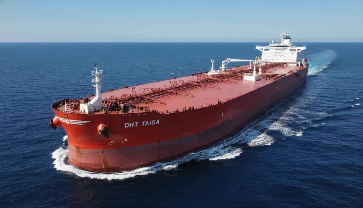 Огромный нефтяной супертанкер DHT Taiga в открытом океане. Красный корпус судна контрастирует с синей водой.