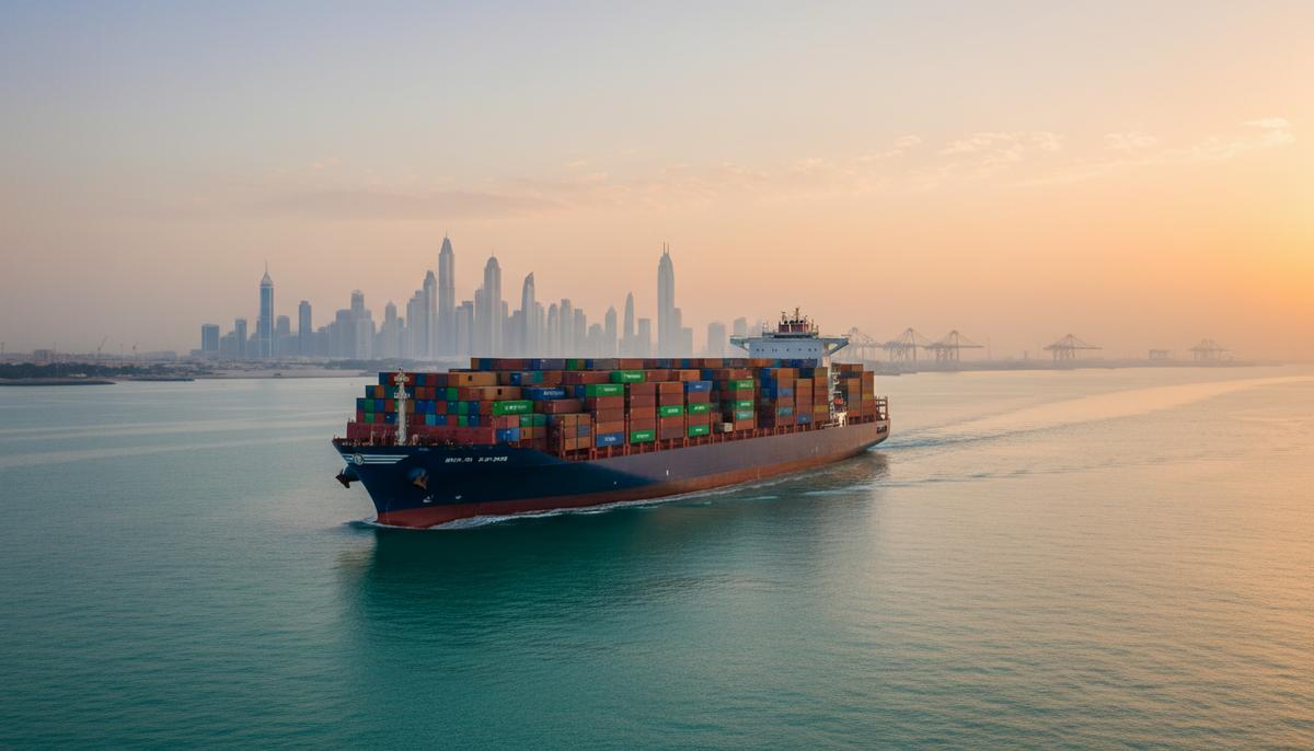 Современный контейнеровоз с разноцветными грузовыми контейнерами на борту в Персидском заливе на рассвете, на фоне виден порт и очертания Дубая.