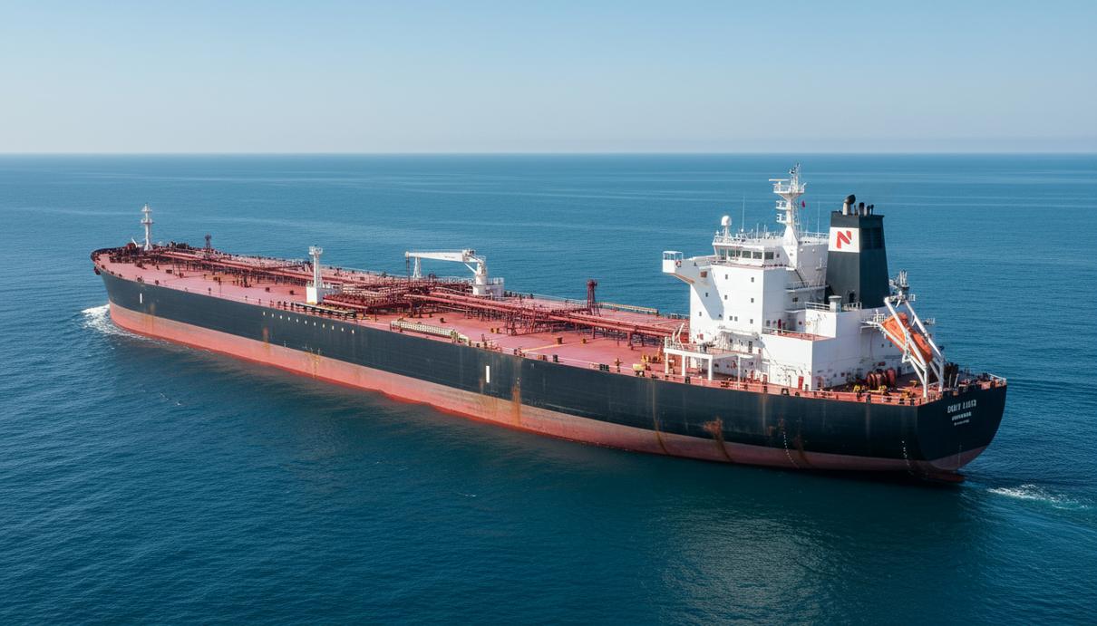 Огромный танкер VLCC в открытом море под ясным небом, демонстрирующий масштаб и детали судна, бороздящего спокойные воды.