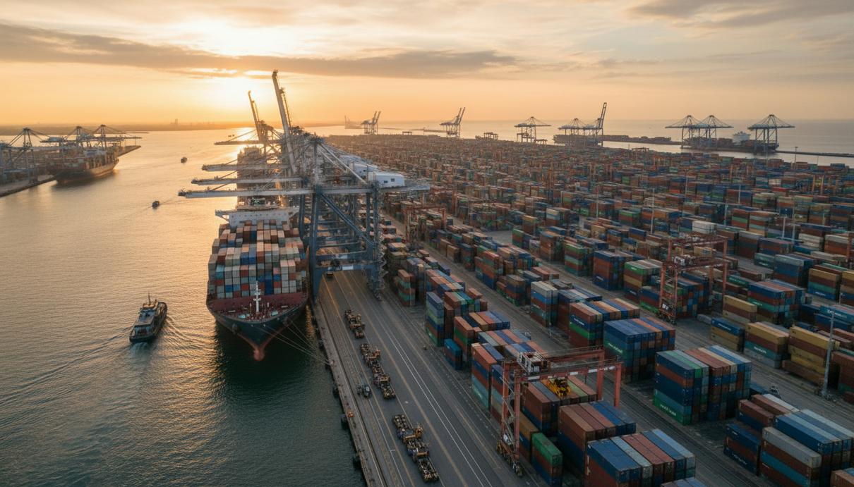 Панорамный вид современного контейнерного терминала на закате с крупными грузовыми судами, рядами контейнеров и портовыми кранами.
